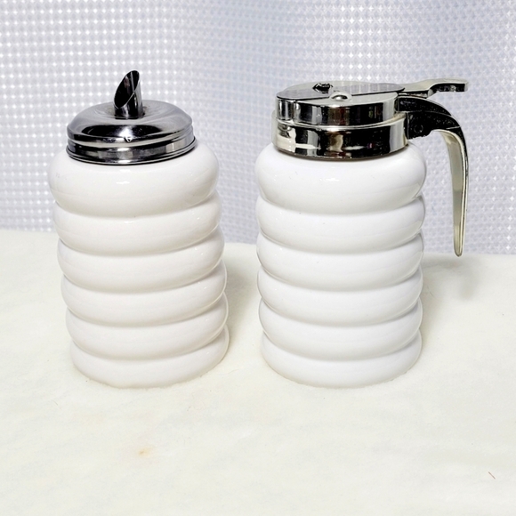 Vintage White Glazed Ribbed Ceramic Sugar & Syrup Dispenser Set - Picture 1 of 5